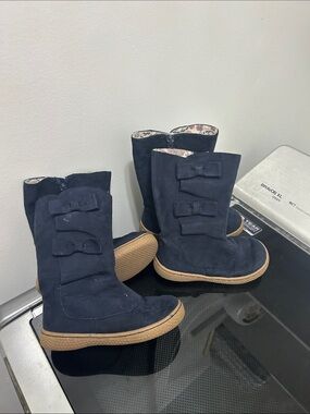 Toddler girls size 9 identical twin matching set zipper bow boots navy blue